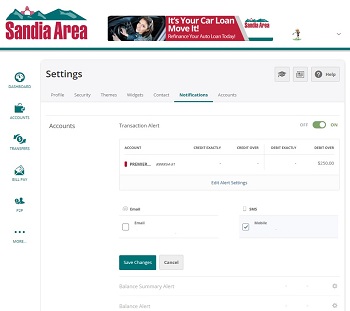 Screenshot of online banking settings page